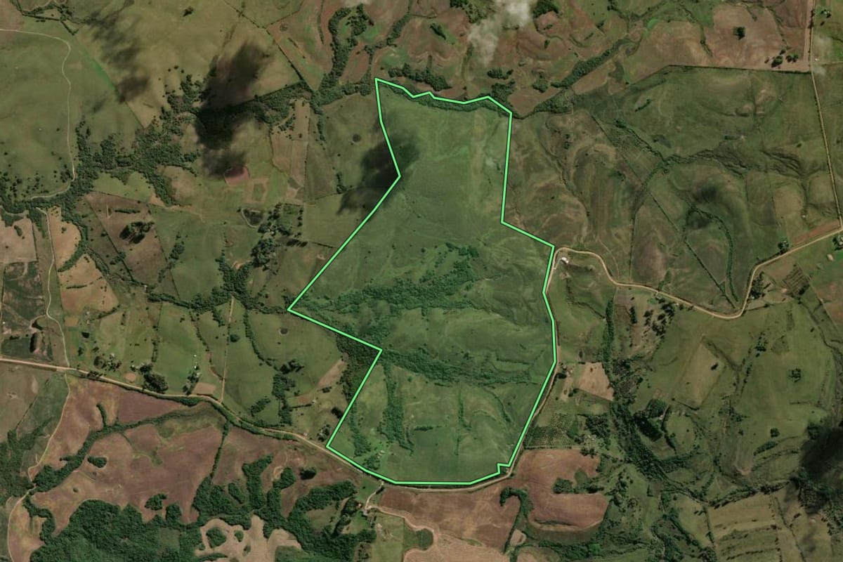 Imagem de satélite do imóvel rural em Hulha Negra (RS), com o contorno declarado no CAR desenhado por cima.