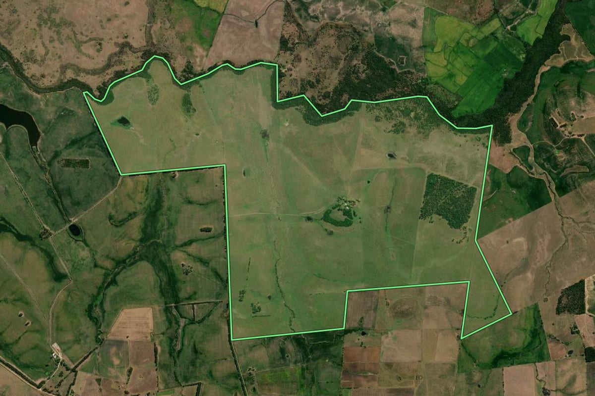 Imagem de satélite do imóvel rural em Hulha Negra (RS), com o contorno declarado no CAR desenhado por cima.