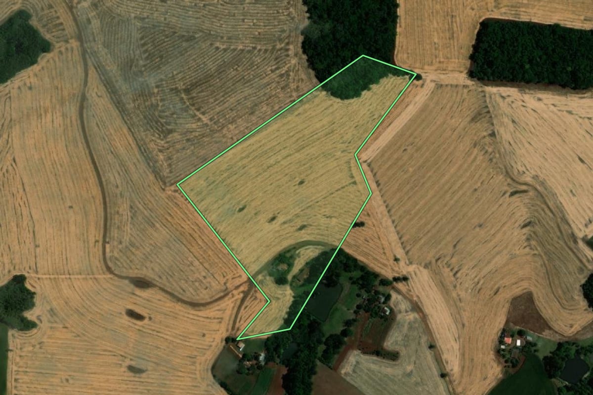 Imagem de satélite do imóvel rural em Humaitá (RS), com o contorno declarado no CAR desenhado por cima.
