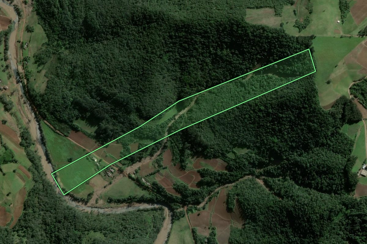 Imagem de satélite do imóvel rural em Ibarama (RS), com o contorno declarado no CAR desenhado por cima.