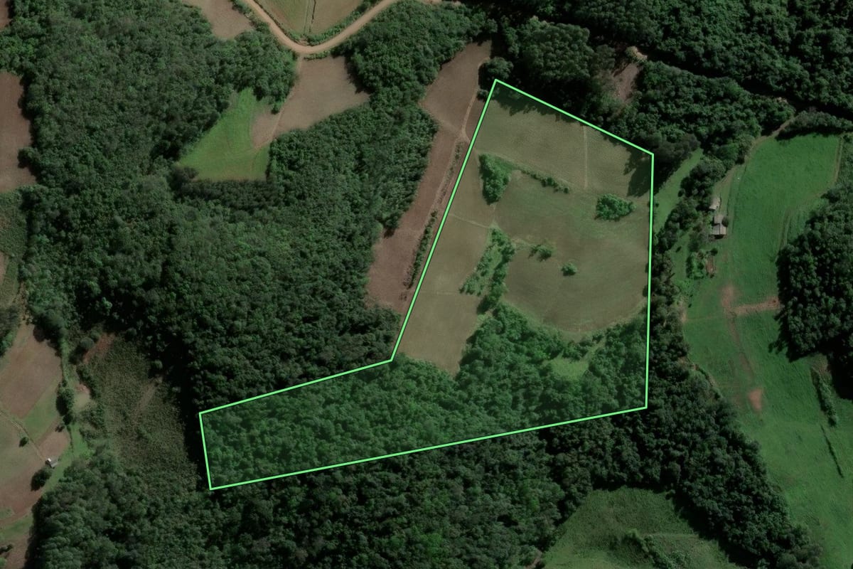 Imagem de satélite do imóvel rural em Ibarama (RS), com o contorno declarado no CAR desenhado por cima.