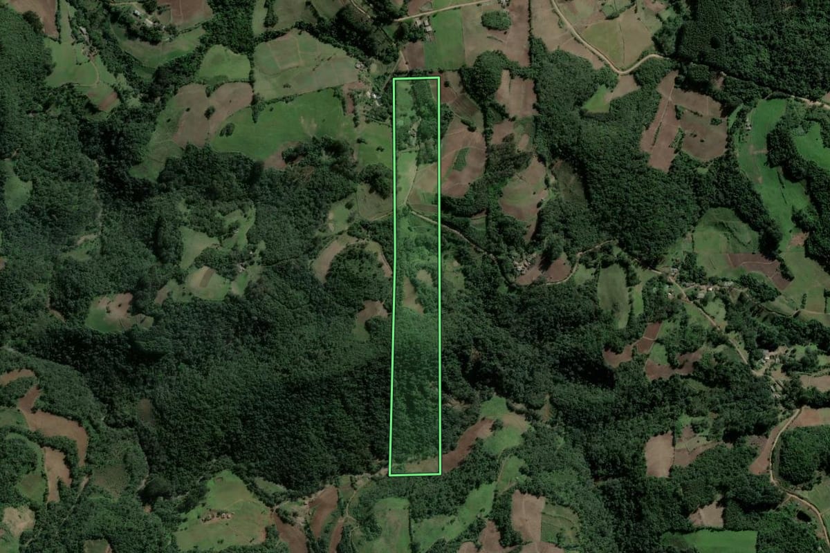 Imagem de satélite do imóvel rural em Ibarama (RS), com o contorno declarado no CAR desenhado por cima.