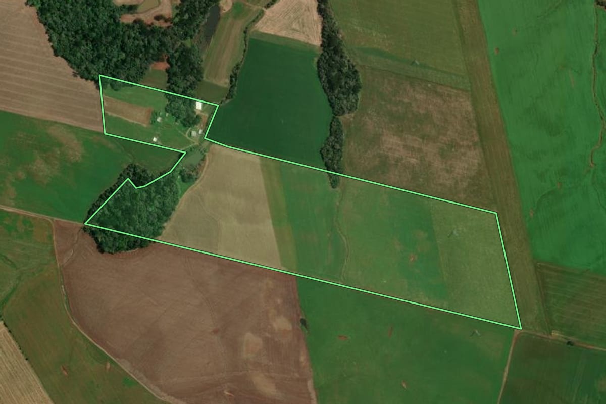 Imagem de satélite do imóvel rural em Ibiaçá (RS), com o contorno declarado no CAR desenhado por cima.