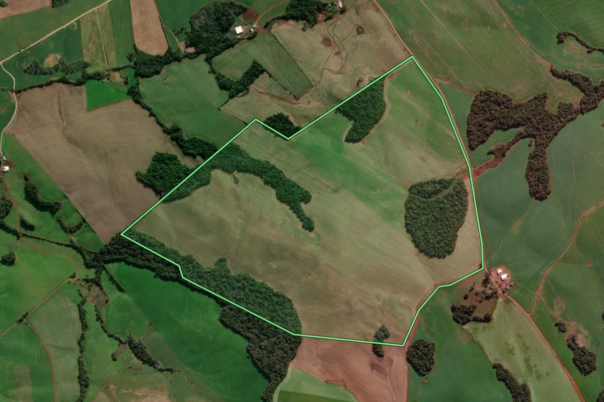 Imagem de satélite do imóvel rural em Ibiaçá (RS), com o contorno declarado no CAR desenhado por cima.