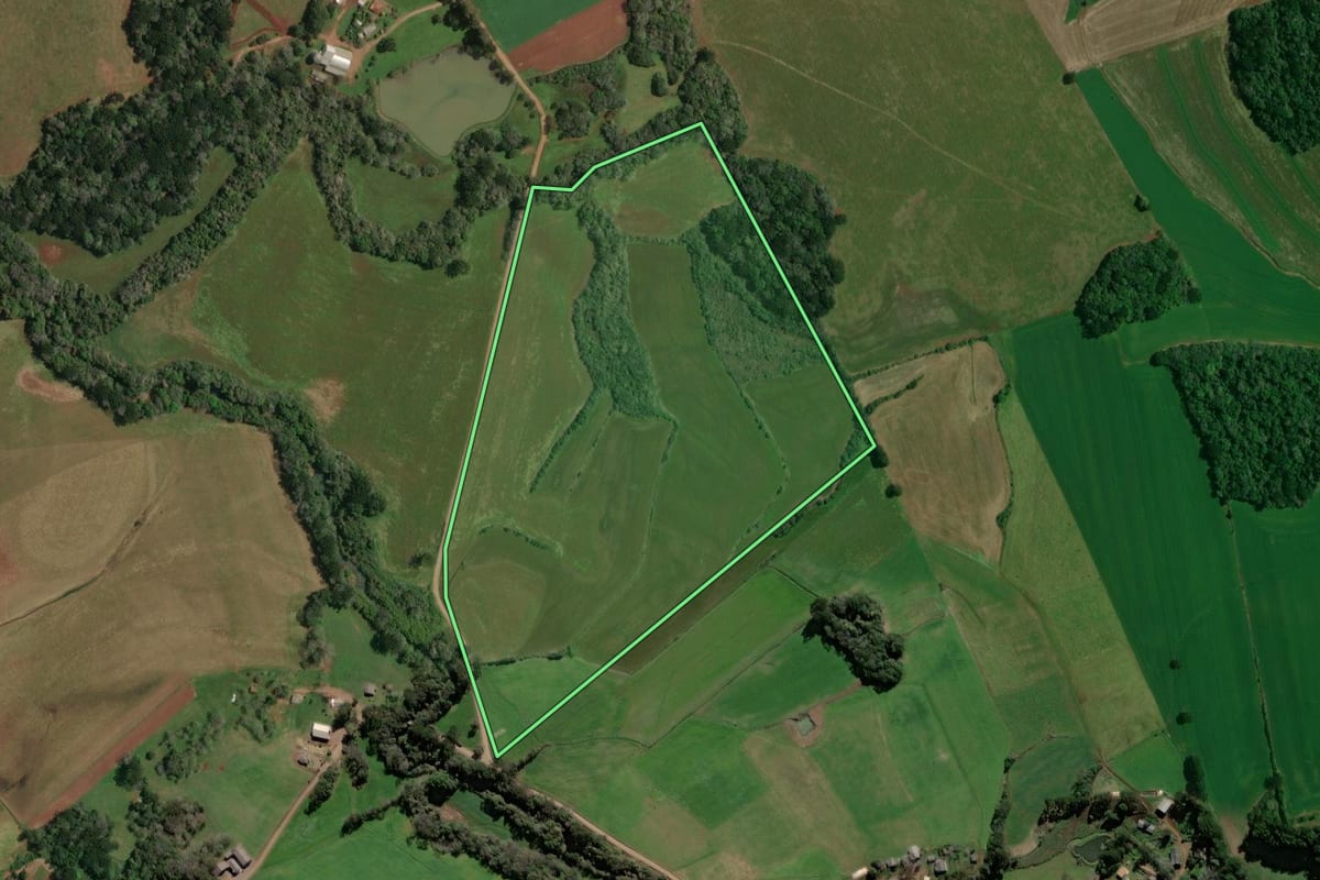 Imagem de satélite do imóvel rural em Ibiaçá (RS), com o contorno declarado no CAR desenhado por cima.