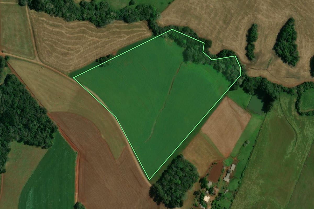 Imagem de satélite do imóvel rural em Ibiaçá (RS), com o contorno declarado no CAR desenhado por cima.