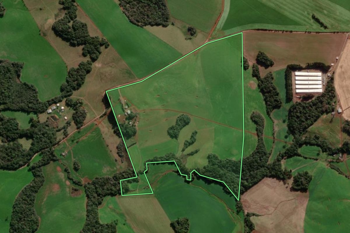 Imagem de satélite do imóvel rural em Ibiaçá (RS), com o contorno declarado no CAR desenhado por cima.