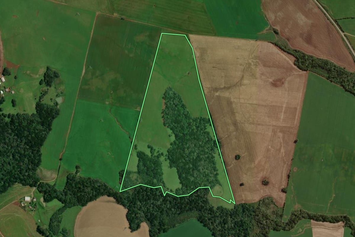 Imagem de satélite do imóvel rural em Ibiaçá (RS), com o contorno declarado no CAR desenhado por cima.