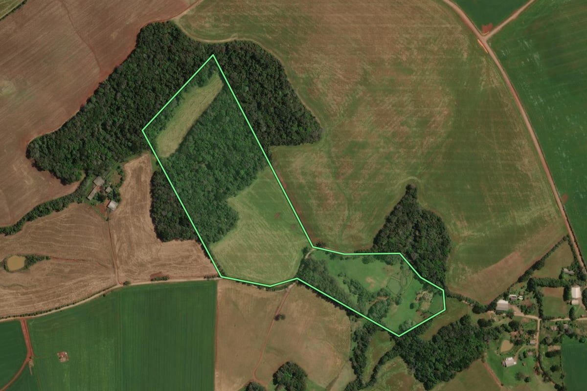 Imagem de satélite do imóvel rural em Ibiaçá (RS), com o contorno declarado no CAR desenhado por cima.
