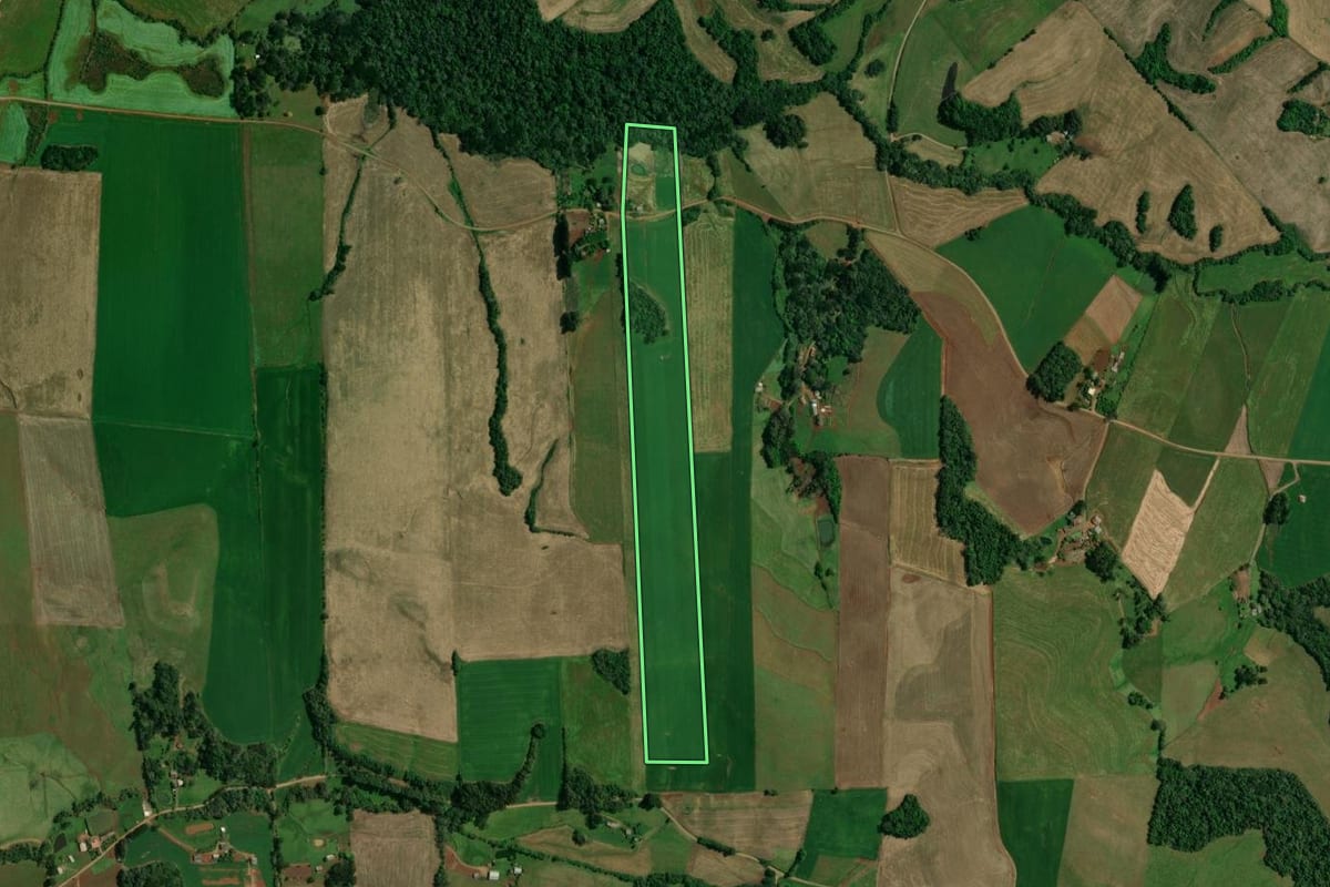 Imagem de satélite do imóvel rural em Ibiaçá (RS), com o contorno declarado no CAR desenhado por cima.