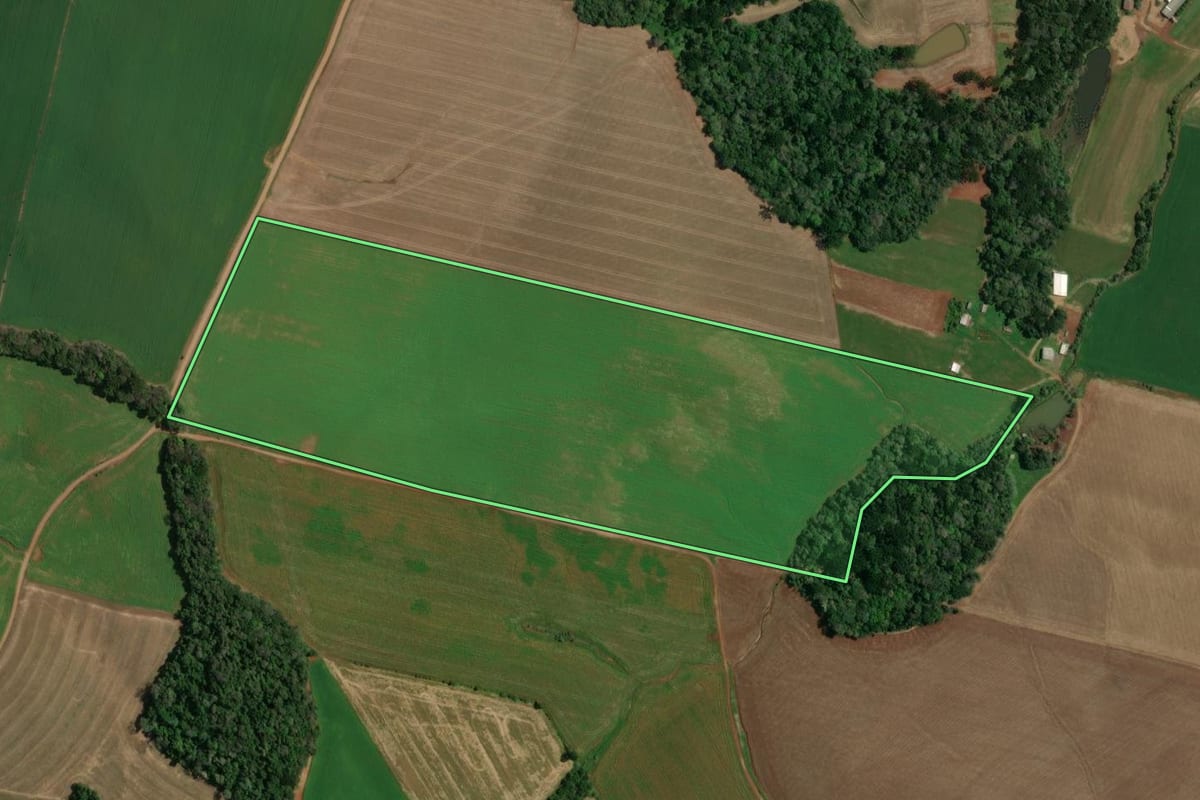 Imagem de satélite do imóvel rural em Ibiaçá (RS), com o contorno declarado no CAR desenhado por cima.