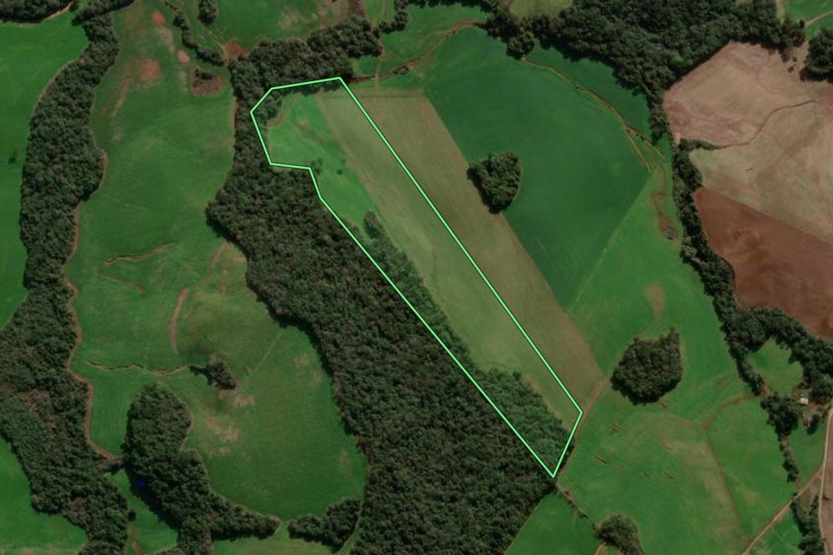Imagem de satélite do imóvel rural em Ibiaçá (RS), com o contorno declarado no CAR desenhado por cima.