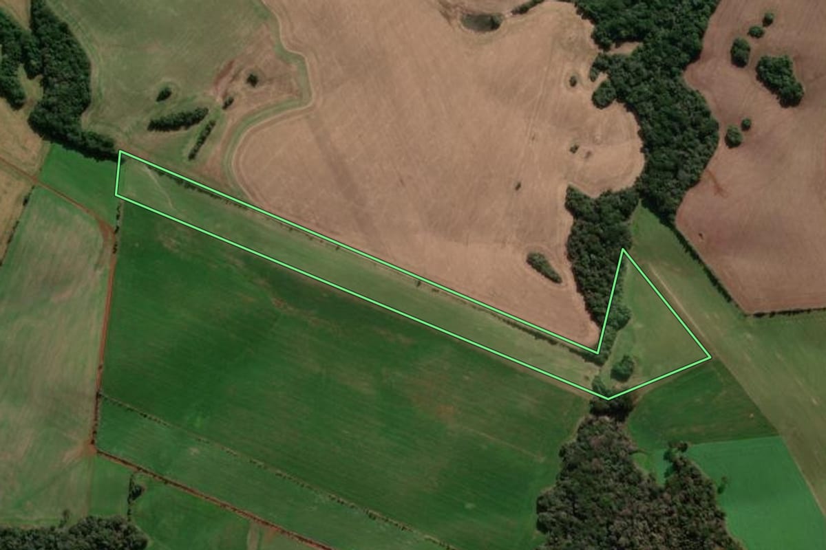 Imagem de satélite do imóvel rural em Ibiaçá (RS), com o contorno declarado no CAR desenhado por cima.