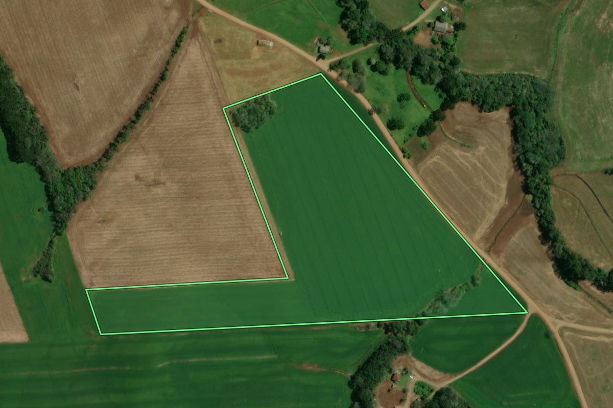 Imagem de satélite do imóvel rural em Ibiaçá (RS), com o contorno declarado no CAR desenhado por cima.