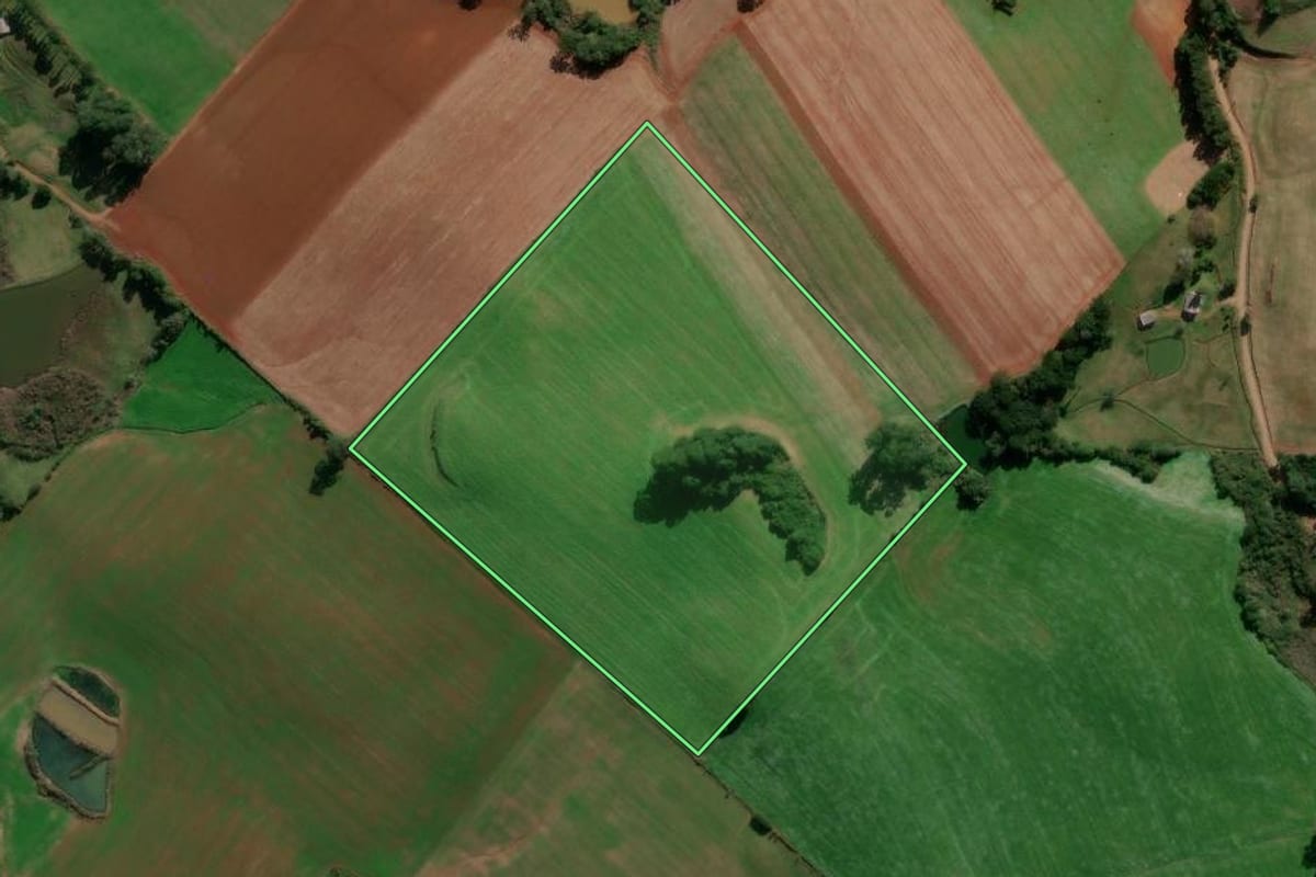 Imagem de satélite do imóvel rural em Ibiraiaras (RS), com o contorno declarado no CAR desenhado por cima.