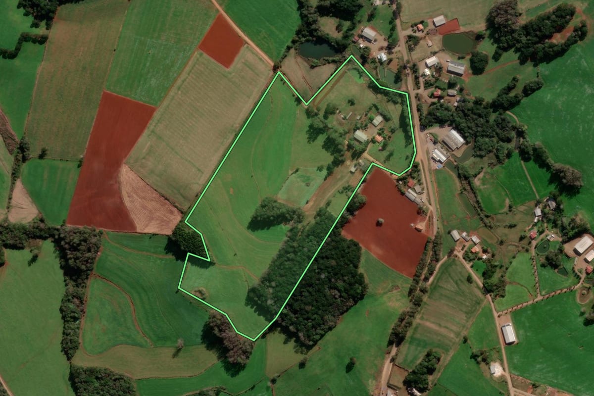 Imagem de satélite do imóvel rural em Ibiraiaras (RS), com o contorno declarado no CAR desenhado por cima.