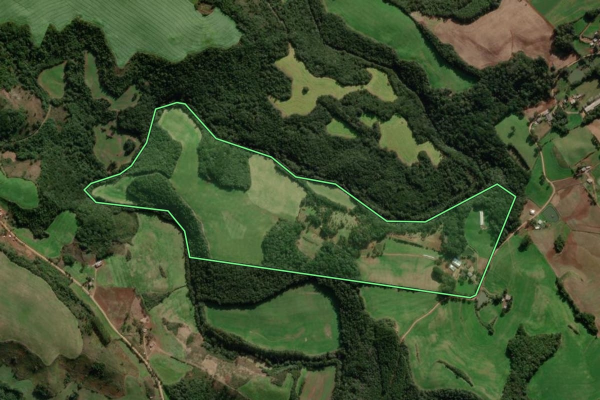 Imagem de satélite do imóvel rural em Ibiraiaras (RS), com o contorno declarado no CAR desenhado por cima.