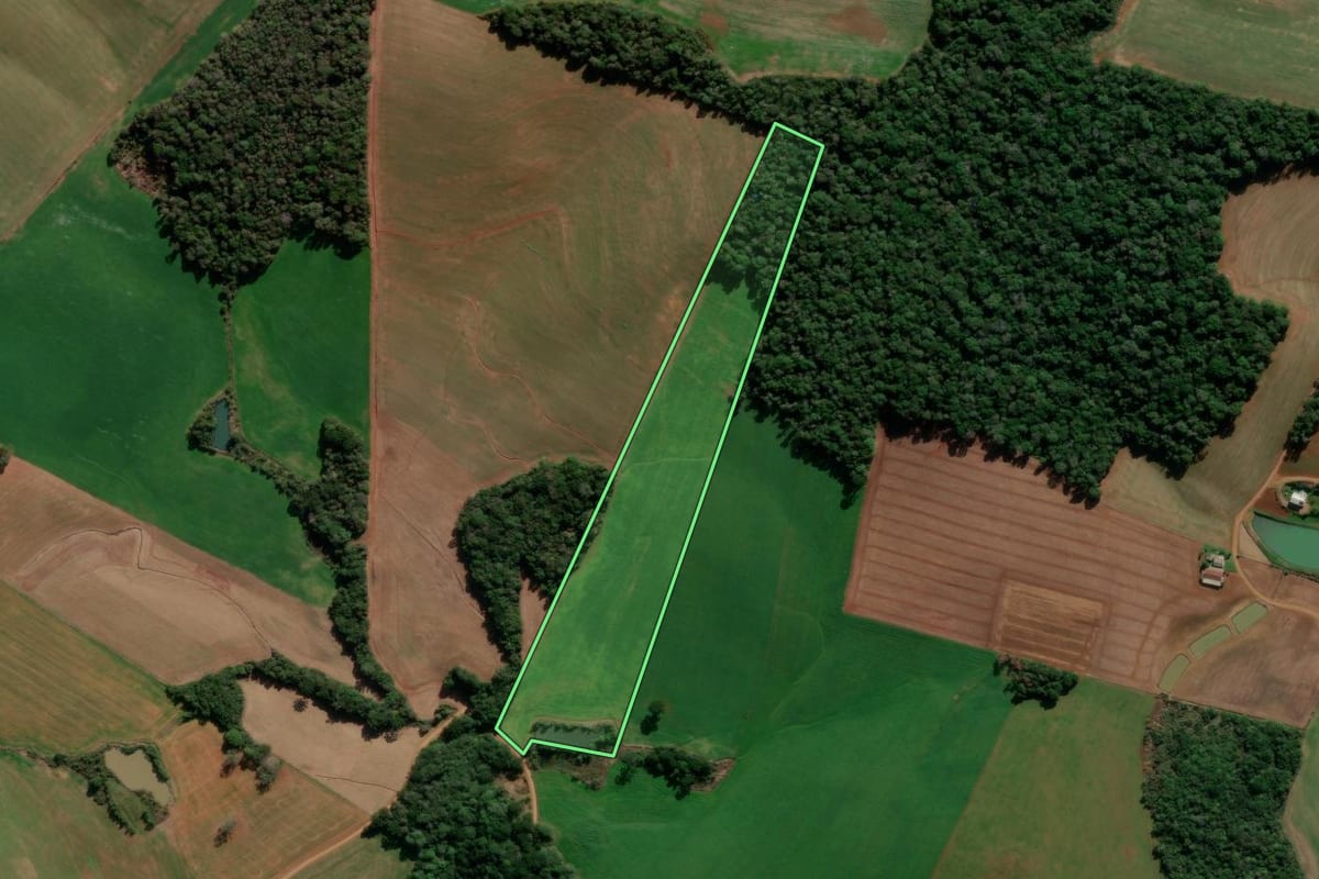 Imagem de satélite do imóvel rural em Ibiraiaras (RS), com o contorno declarado no CAR desenhado por cima.
