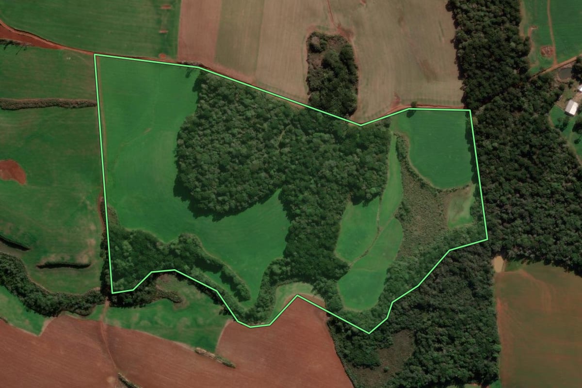 Imagem de satélite do imóvel rural em Ibiraiaras (RS), com o contorno declarado no CAR desenhado por cima.