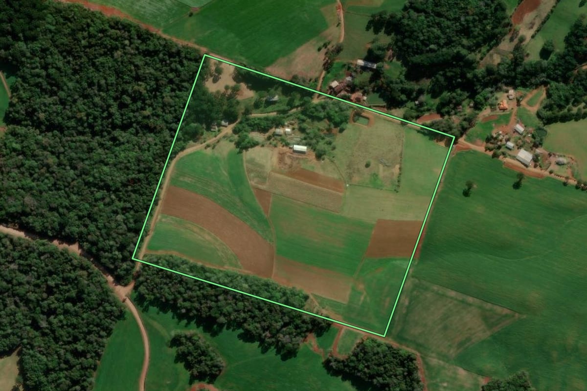 Imagem de satélite do imóvel rural em Ibiraiaras (RS), com o contorno declarado no CAR desenhado por cima.