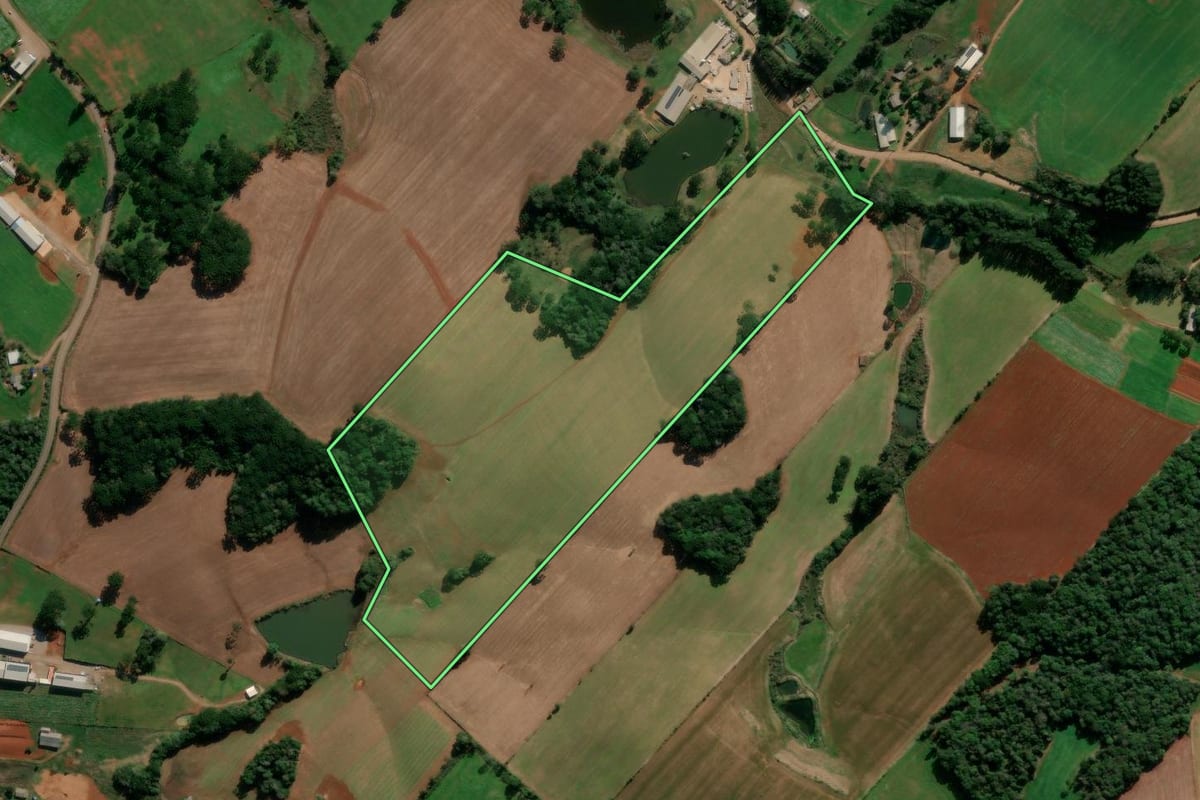 Imagem de satélite do imóvel rural em Ibiraiaras (RS), com o contorno declarado no CAR desenhado por cima.