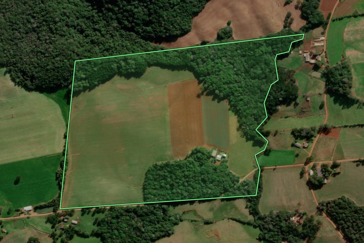 Imagem de satélite do imóvel rural em Ibiraiaras (RS), com o contorno declarado no CAR desenhado por cima.