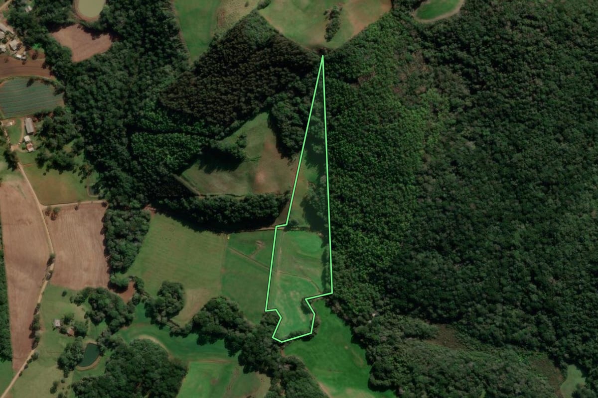 Imagem de satélite do imóvel rural em Ibiraiaras (RS), com o contorno declarado no CAR desenhado por cima.