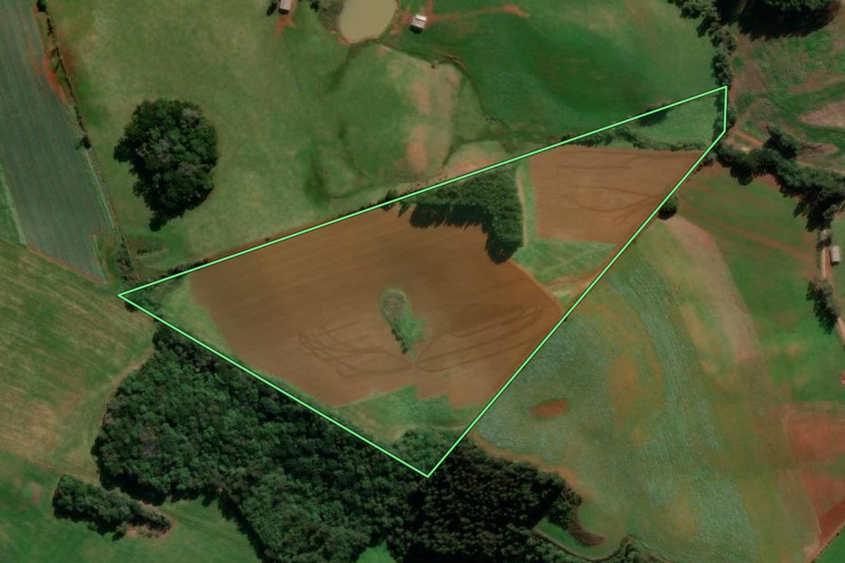 Imagem de satélite do imóvel rural em Ibiraiaras (RS), com o contorno declarado no CAR desenhado por cima.