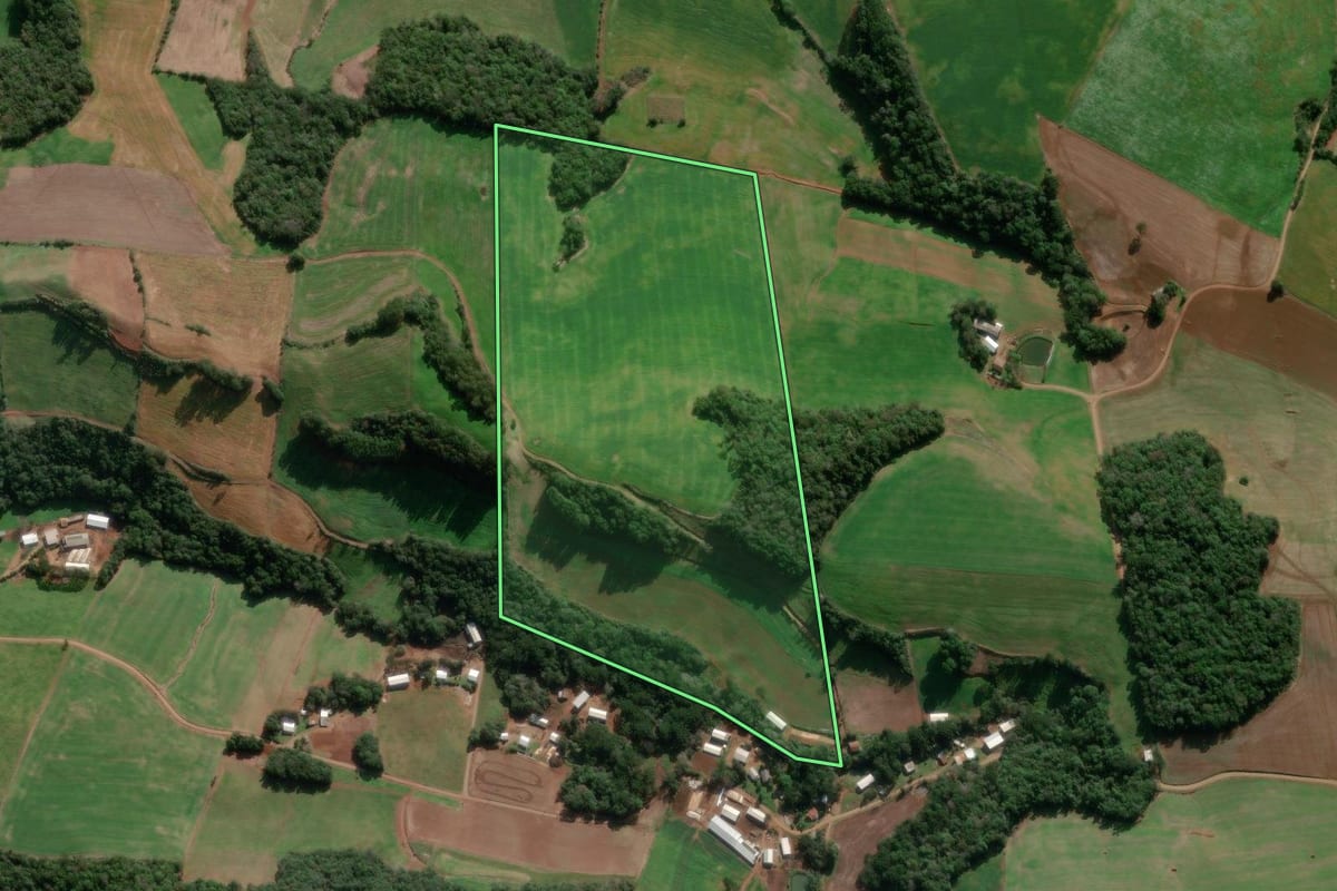 Imagem de satélite do imóvel rural em Ibiraiaras (RS), com o contorno declarado no CAR desenhado por cima.