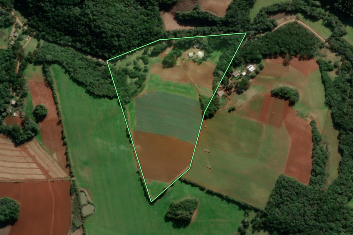 Imagem de satélite do imóvel rural em Ibiraiaras (RS), com o contorno declarado no CAR desenhado por cima.