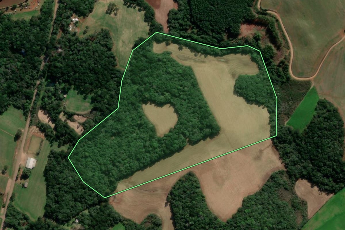 Imagem de satélite do imóvel rural em Ibiraiaras (RS), com o contorno declarado no CAR desenhado por cima.