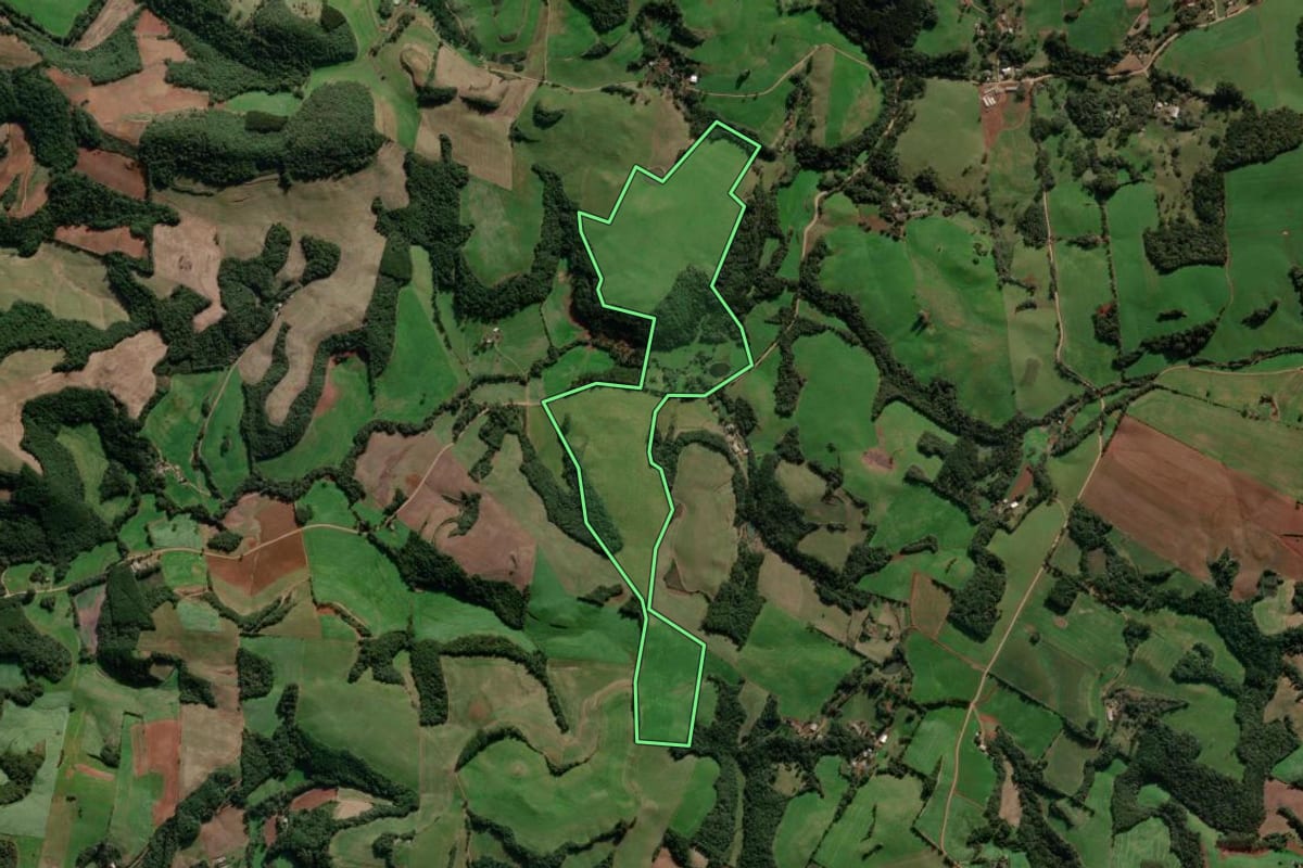 Imagem de satélite do imóvel rural em Ibiraiaras (RS), com o contorno declarado no CAR desenhado por cima.