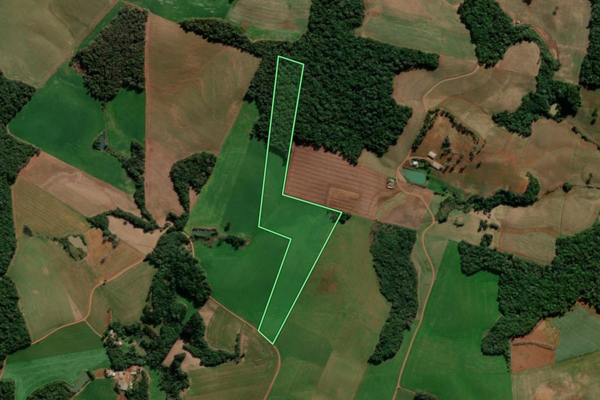 Imagem de satélite do imóvel rural em Ibiraiaras (RS), com o contorno declarado no CAR desenhado por cima.
