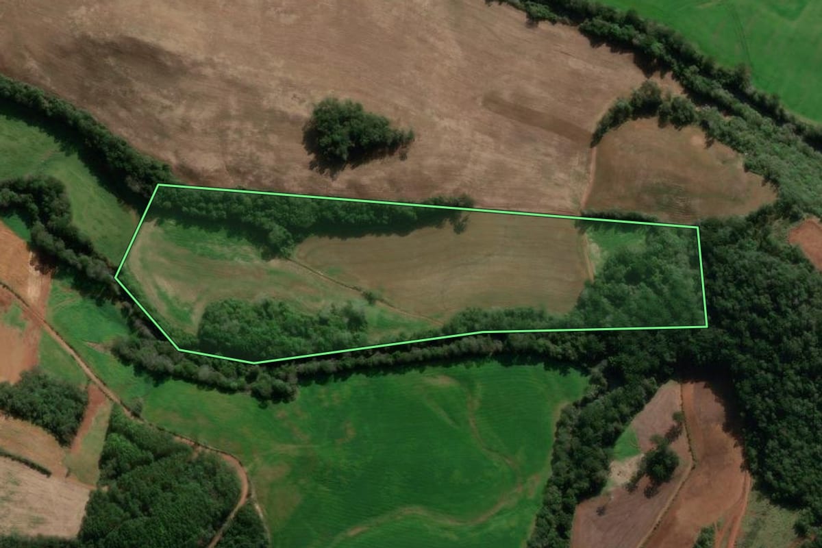 Imagem de satélite do imóvel rural em Ibiraiaras (RS), com o contorno declarado no CAR desenhado por cima.