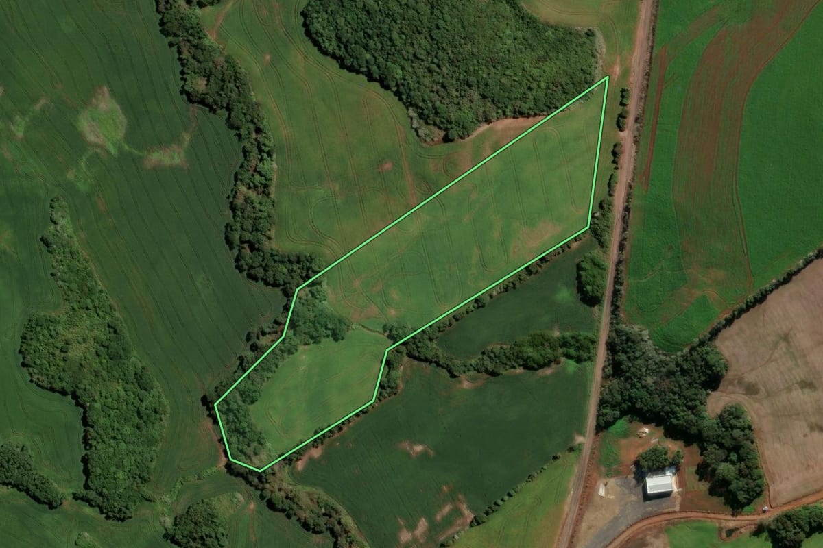 Imagem de satélite do imóvel rural em Ibirapuitã (RS), com o contorno declarado no CAR desenhado por cima.