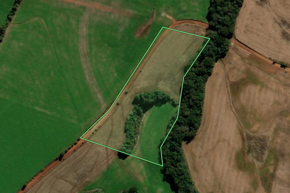 Imagem de satélite do imóvel rural em Ibirapuitã (RS), com o contorno declarado no CAR desenhado por cima.