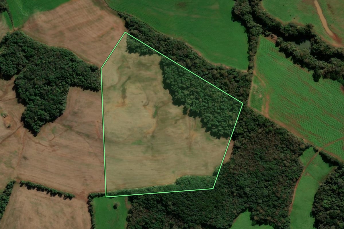 Imagem de satélite do imóvel rural em Ibirapuitã (RS), com o contorno declarado no CAR desenhado por cima.