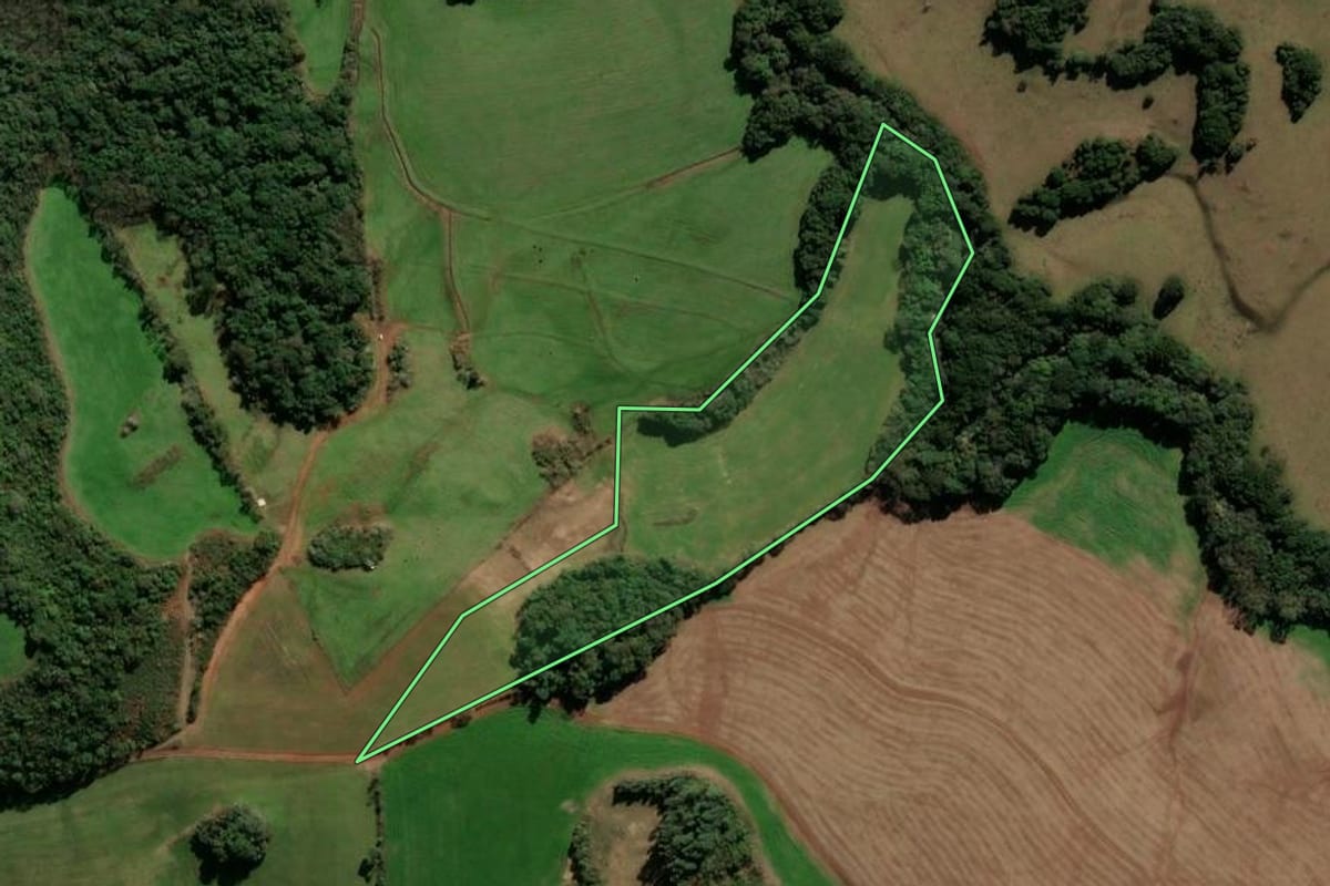 Imagem de satélite do imóvel rural em Ibirapuitã (RS), com o contorno declarado no CAR desenhado por cima.