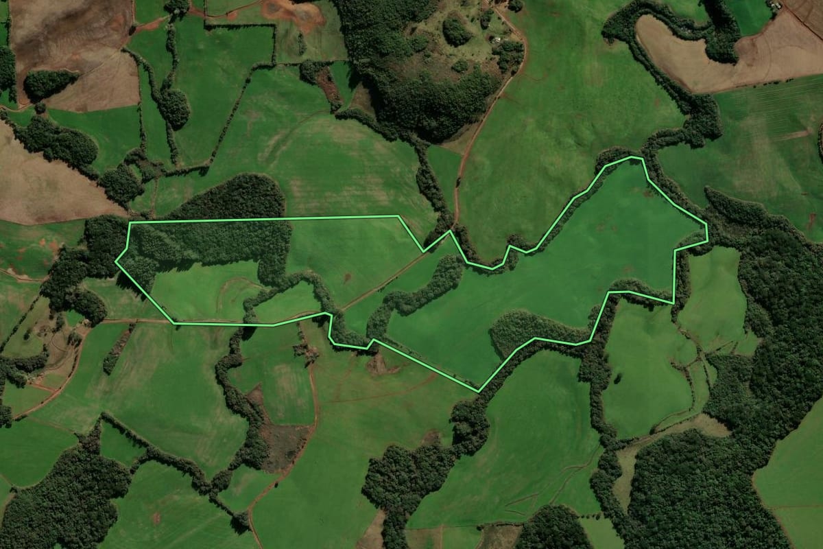 Imagem de satélite do imóvel rural em Ibirapuitã (RS), com o contorno declarado no CAR desenhado por cima.