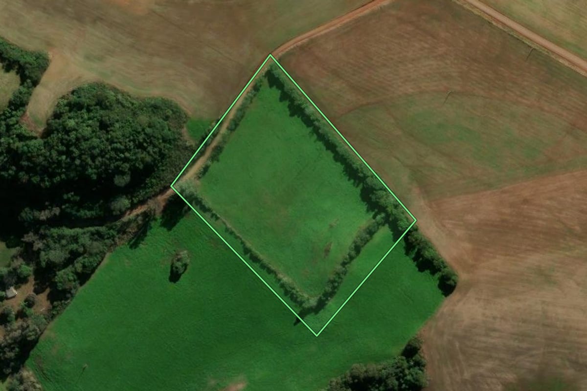 Imagem de satélite do imóvel rural em Ibirapuitã (RS), com o contorno declarado no CAR desenhado por cima.