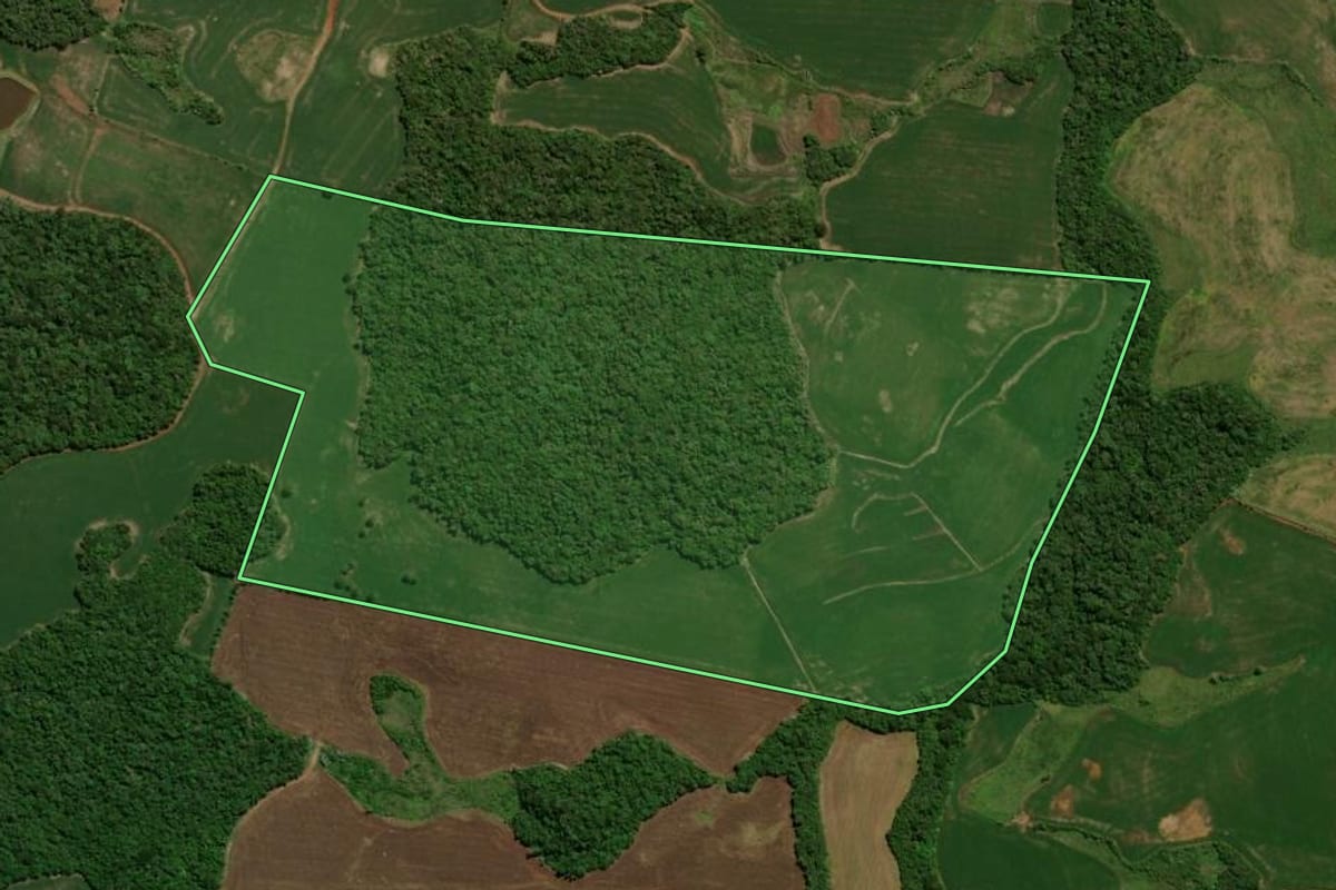 Imagem de satélite do imóvel rural em Ibirapuitã (RS), com o contorno declarado no CAR desenhado por cima.