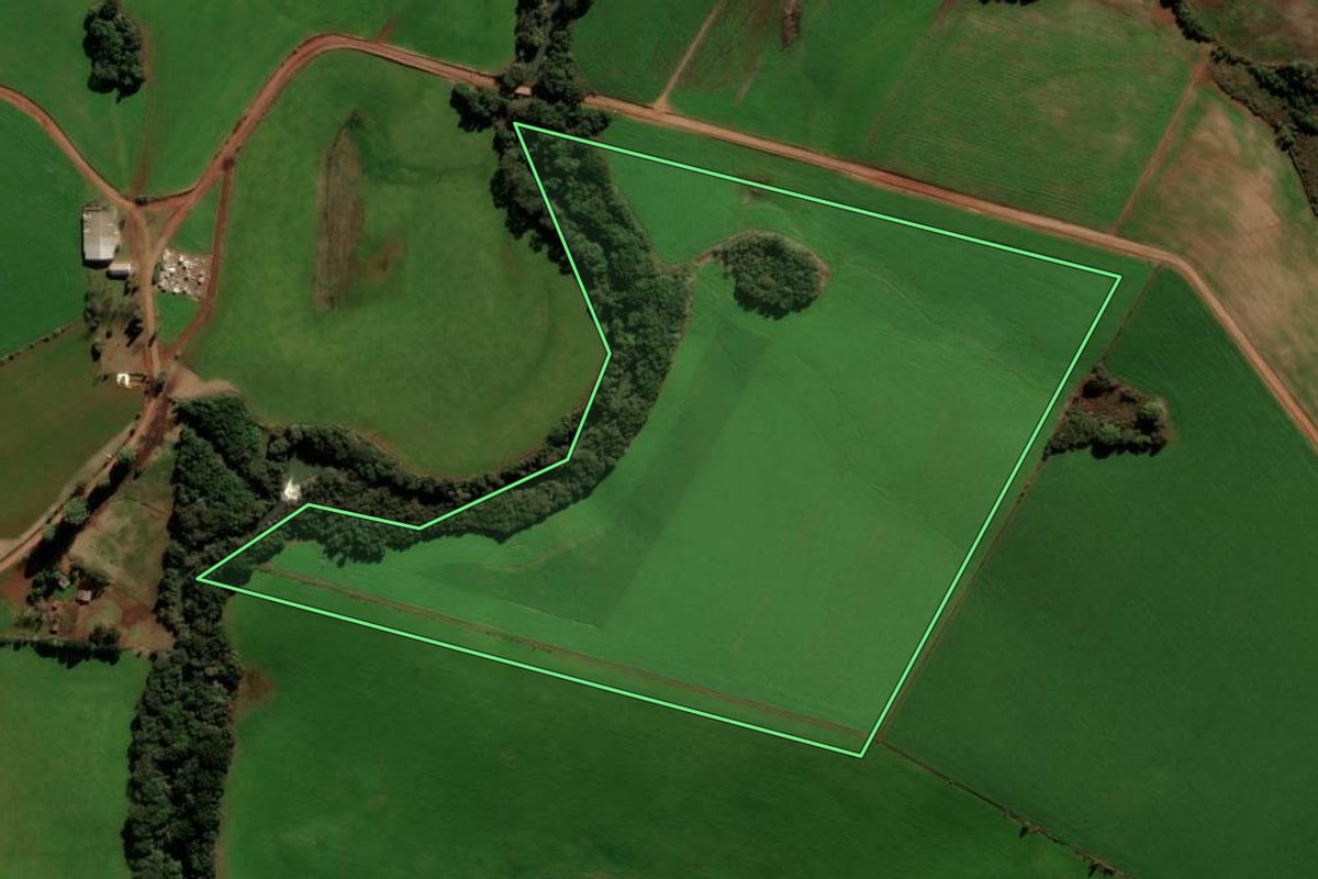 Imagem de satélite do imóvel rural em Ibirapuitã (RS), com o contorno declarado no CAR desenhado por cima.