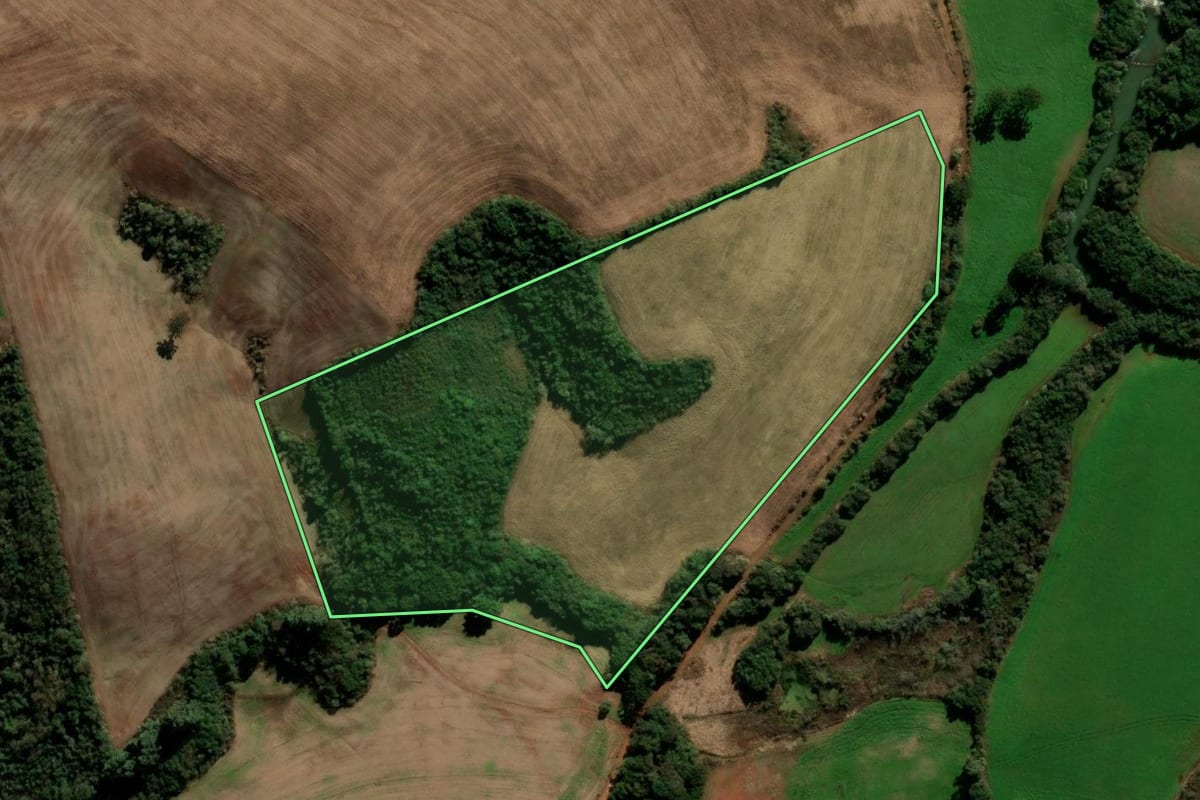 Imagem de satélite do imóvel rural em Ibirapuitã (RS), com o contorno declarado no CAR desenhado por cima.