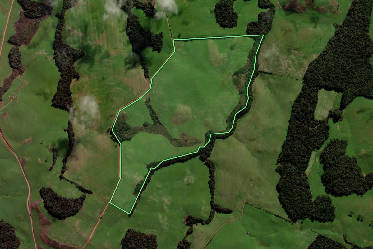 Imagem de satélite do imóvel rural em Ibirapuitã (RS), com o contorno declarado no CAR desenhado por cima.