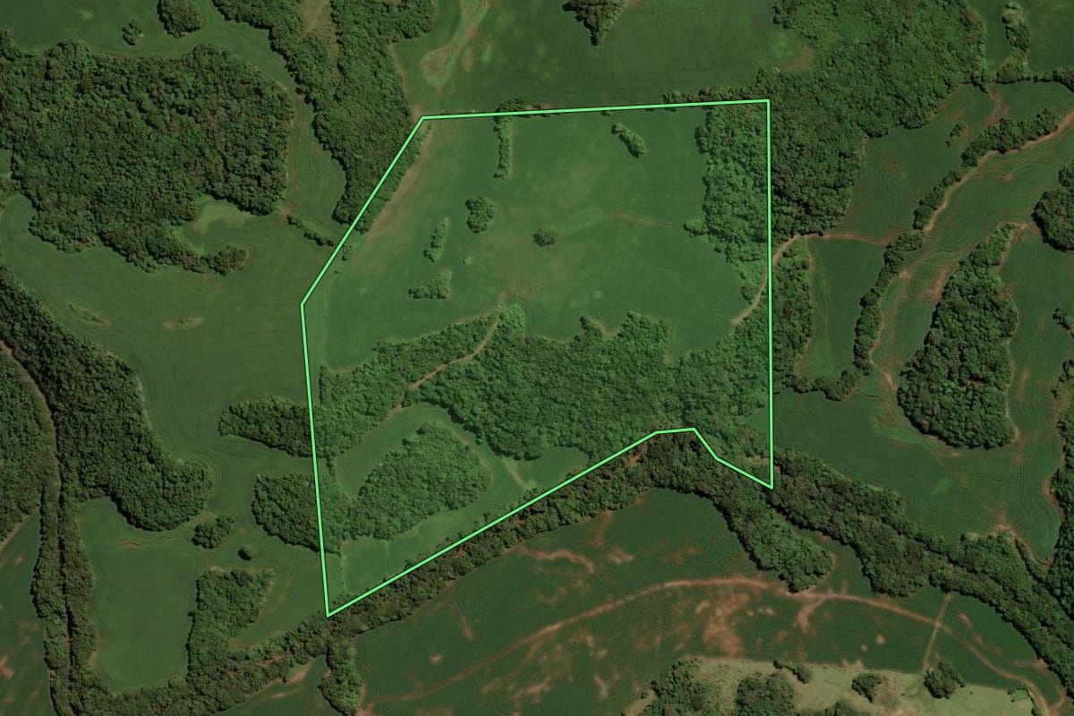 Imagem de satélite do imóvel rural em Ibirapuitã (RS), com o contorno declarado no CAR desenhado por cima.