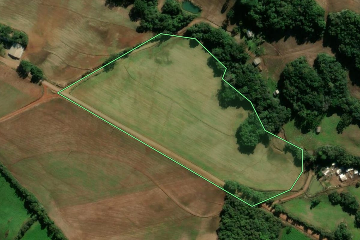 Imagem de satélite do imóvel rural em Ibirapuitã (RS), com o contorno declarado no CAR desenhado por cima.