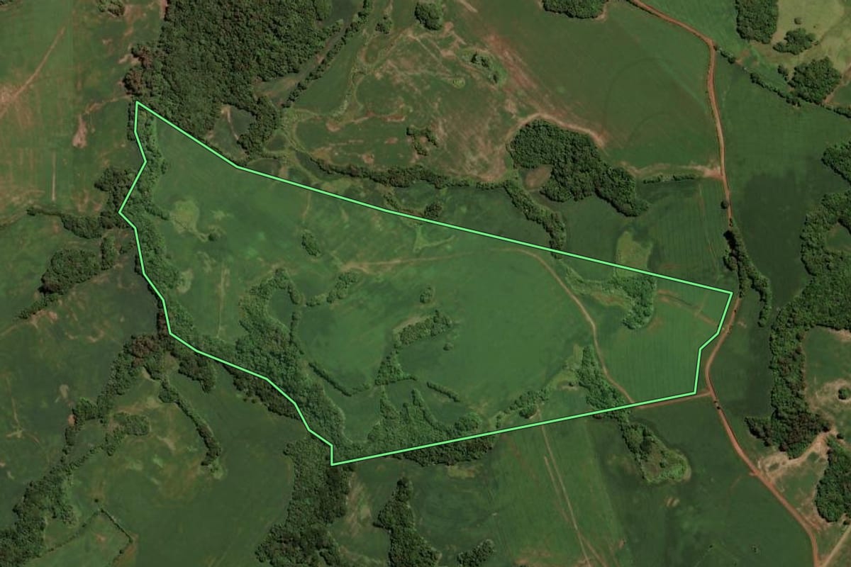 Imagem de satélite do imóvel rural em Ibirapuitã (RS), com o contorno declarado no CAR desenhado por cima.
