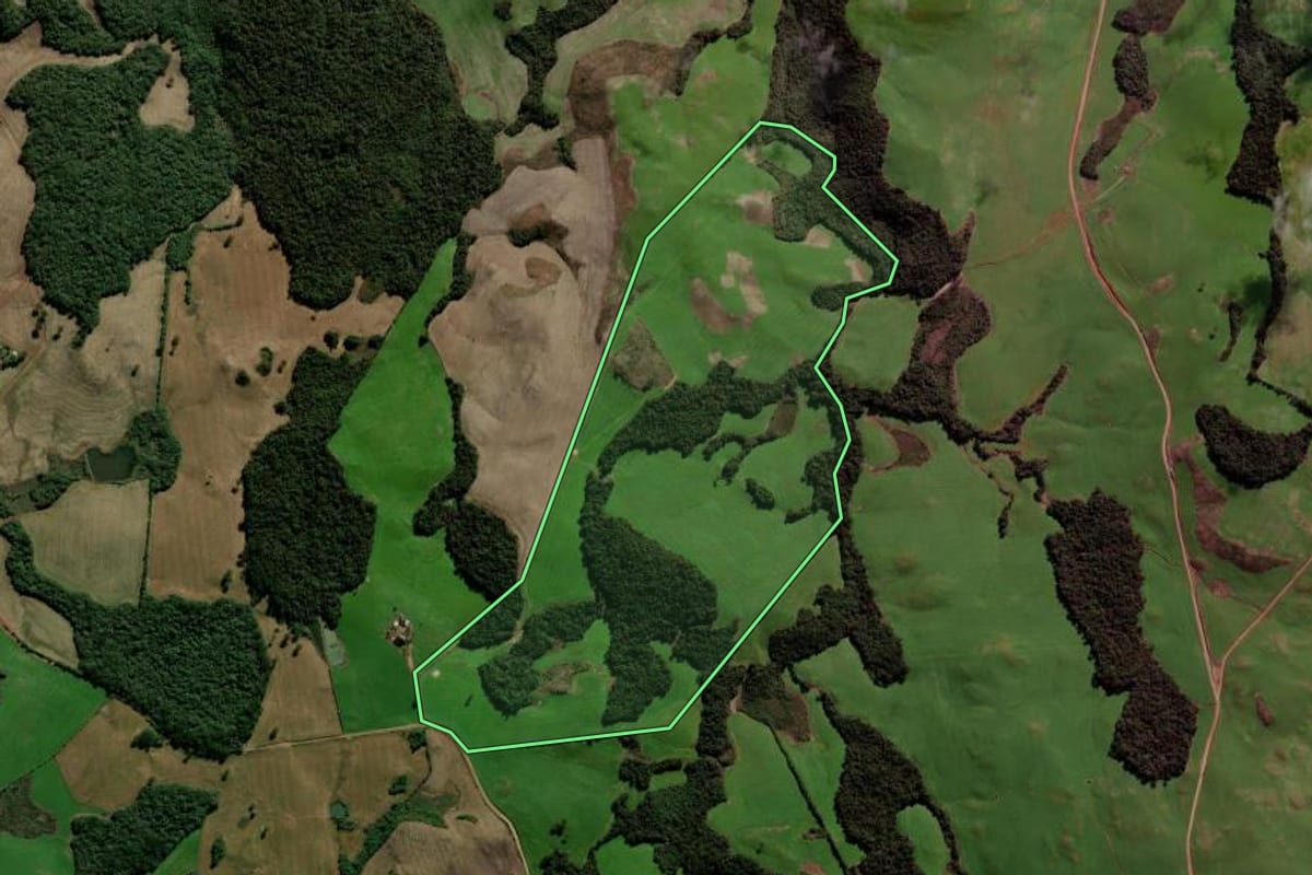 Imagem de satélite do imóvel rural em Ibirapuitã (RS), com o contorno declarado no CAR desenhado por cima.