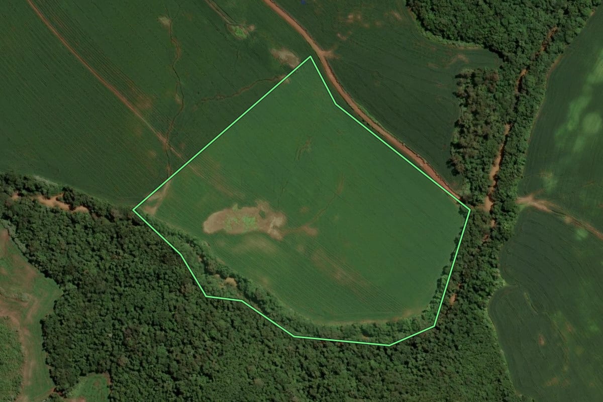 Imagem de satélite do imóvel rural em Ibirapuitã (RS), com o contorno declarado no CAR desenhado por cima.