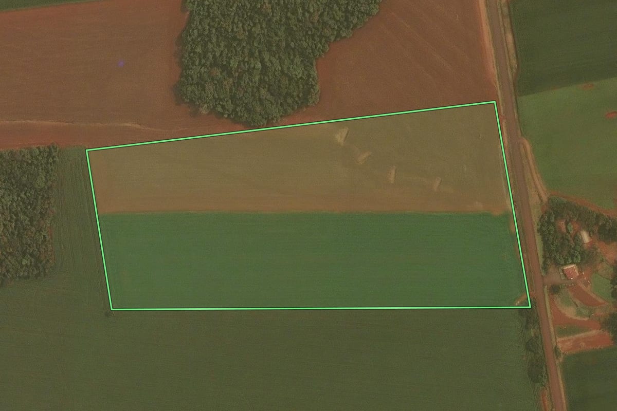 Imagem de satélite do imóvel rural em Ibirubá (RS), com o contorno declarado no CAR desenhado por cima.